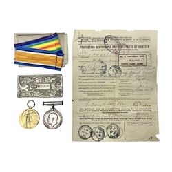 WW1 pair of medals comprising British War Medal and Victory Medal awarded to 151600 Gnr. W.H. Ricketts R.A. with ribbons, part issue box and Certificate of Identity dated 1919; together with Mr. Rickett's early 20th century embossed nickel calling card case for his civilian occupation as Pianist and Piano Tuner in Hove.