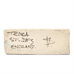 Sylvia Vallance for Troika - large c1970s Double Bass vase, of rectangular and rounded section, decorated to opposing faces with raised, impressed and incised geometric motifs in typical colours, painted 'Troika - St Ives' mark and artists monogram to base, H35.5cm