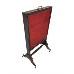 Regency mahogany screen with two horizontal and one vertical pull-out panels, on base with carved sabre legs and rope-twist stretcher