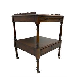 Figured walnut two tier occasional table, raised scalloped gallery on square moulded top, fitted with slide and undertier with drawer, turned supports on castors