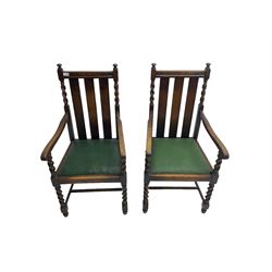 Pair early 20th century oak carver armchairs, spiral turned back and arm supports, raised on barley twist supports united by H-stretcher