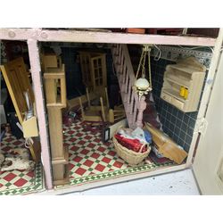 Kit-built large wooden dolls house, modelled as a double-fronted, four-storey town house, with double-hinged front facade opening to reveal a fully furnished interior with two rooms to first three floors and attic room to top floor, wired for electric lighting, with detachable garden room, garden furniture and accessories, house W57.5cm, H85cm, D35cm