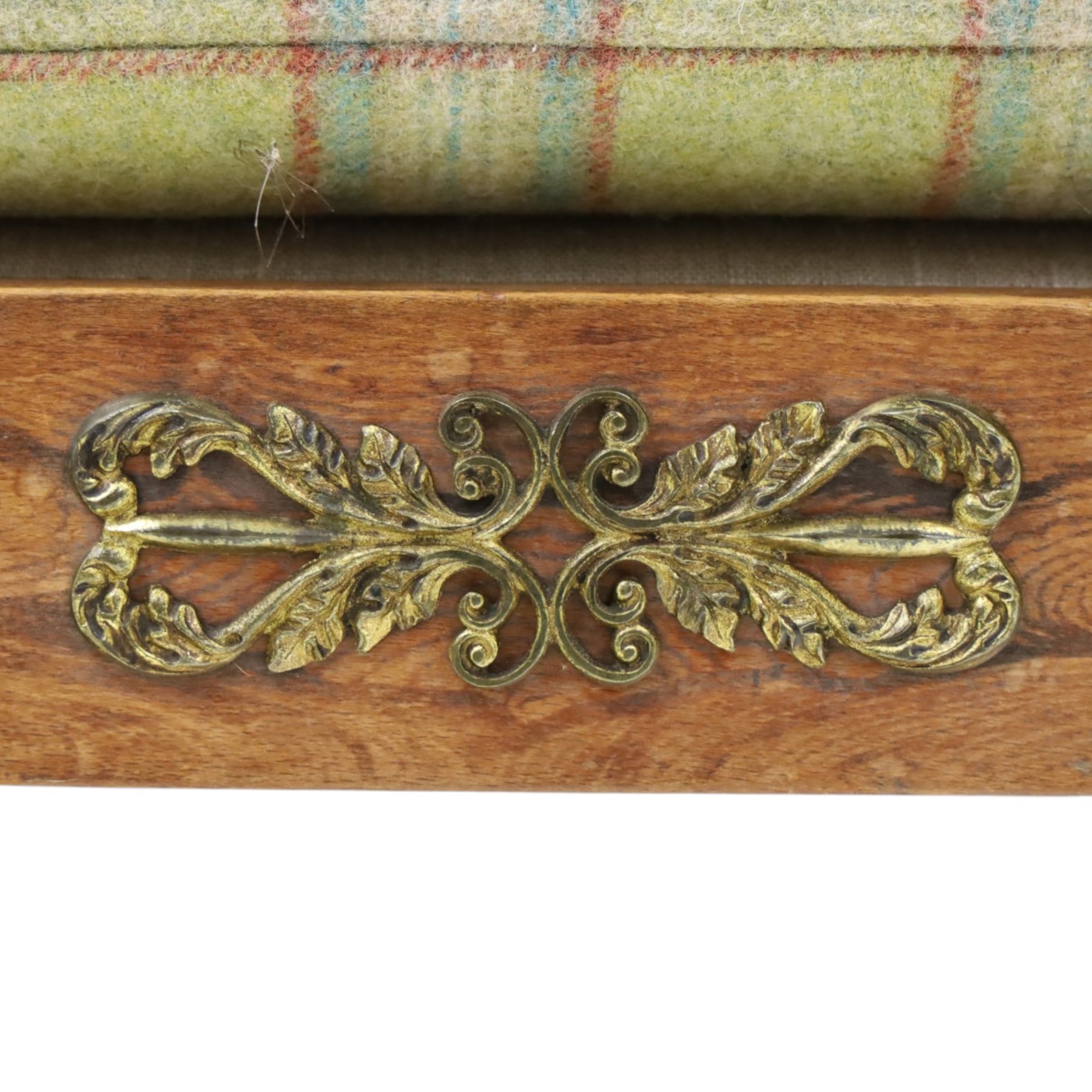  19th century scumbled oak chaise longue upholstered in tartan fabric, swept frame with gilt mounts, studded border with loose base cushion, raised on turned bobbin supports terminating brass castors