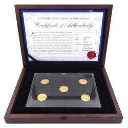 King George V 'The Complete World War One Sovereign Set' comprising gold full sovereign coins dated 1914 Perth mint, 1915, 1916 Perth mint, 1917 Perth mint and 1918 Bombay mint, cased with certificate