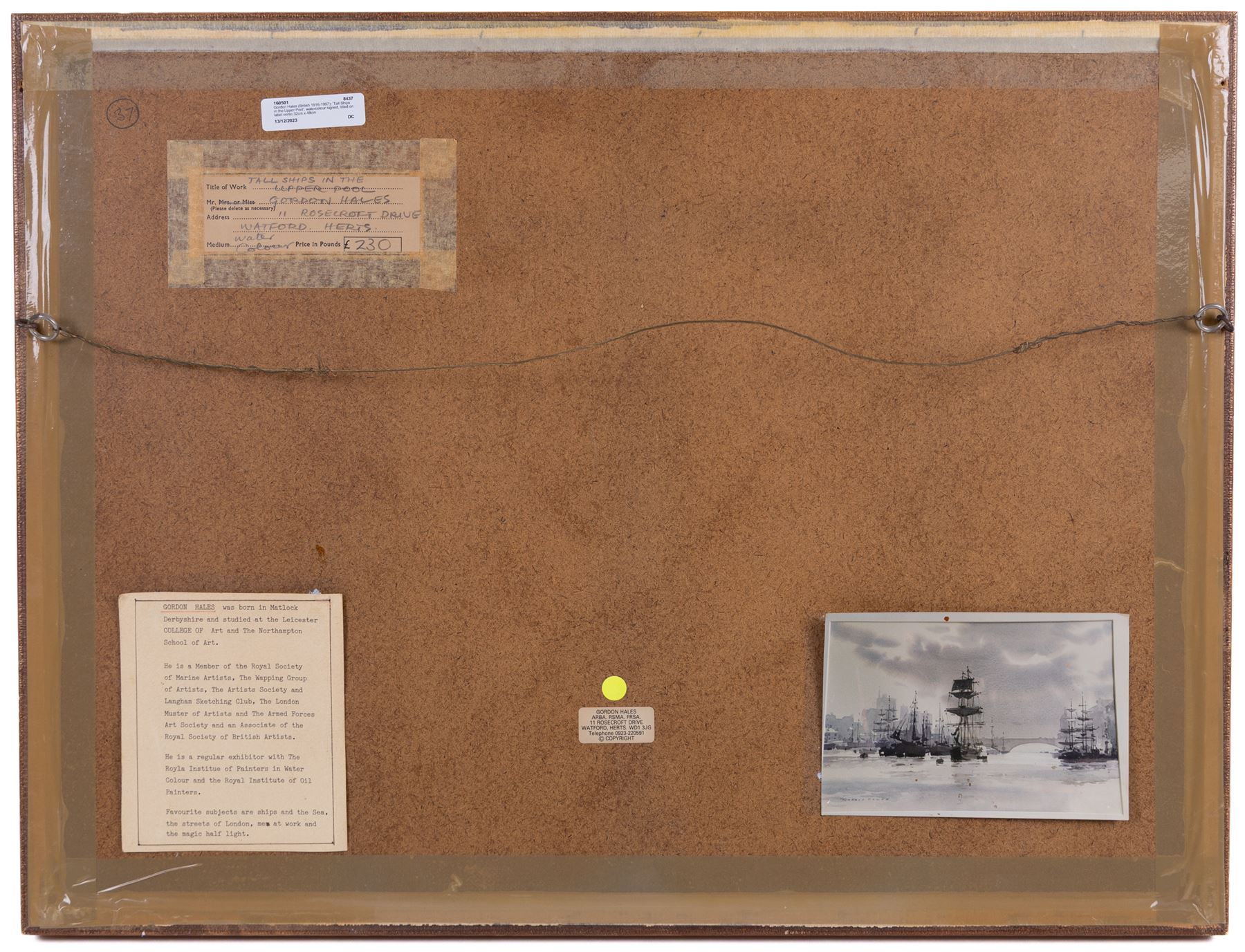 Gordon Hales (British 1916-1997): 'Tall Ships in the Upper Pool', watercolour signed, titled on label verso 32cm x 48cm 