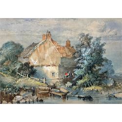 J Morris (British 19th century): Cottage by the River, watercolour signed and dated 1865; FG Hewitt (British 19th century): Figure Walking Down Country Road, watercolour signed and dated 1897 max 25cm x 34cm (2)