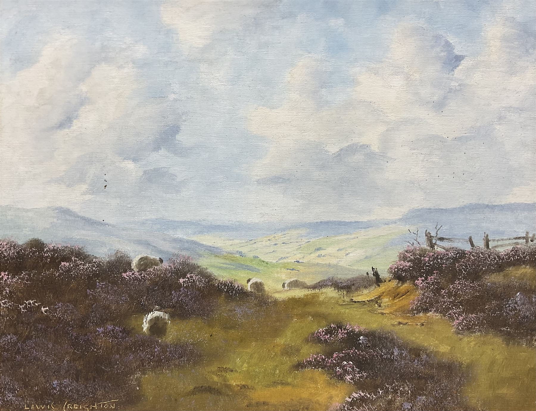 Lewis Creighton (British 1918-1996): Sheep in the Heather, oil on board signed 39cm x 50cm