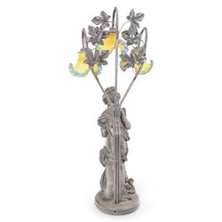 20th century composite figural table lamp with three floral moulded glass shades, H88cm
