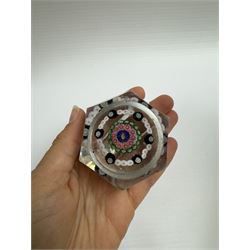 Glass Millefiori paperweight of hexagonal faceted form, H5cm