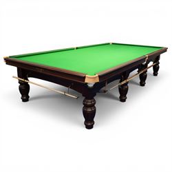 Riley England - full size snooker table, traditional timber framed table fitted with green baize cloth, leather drop pockets, turned legs with stretcher bars, slate bed; with accessories to include, cues and stand, rests, ball, iron, brush and cover