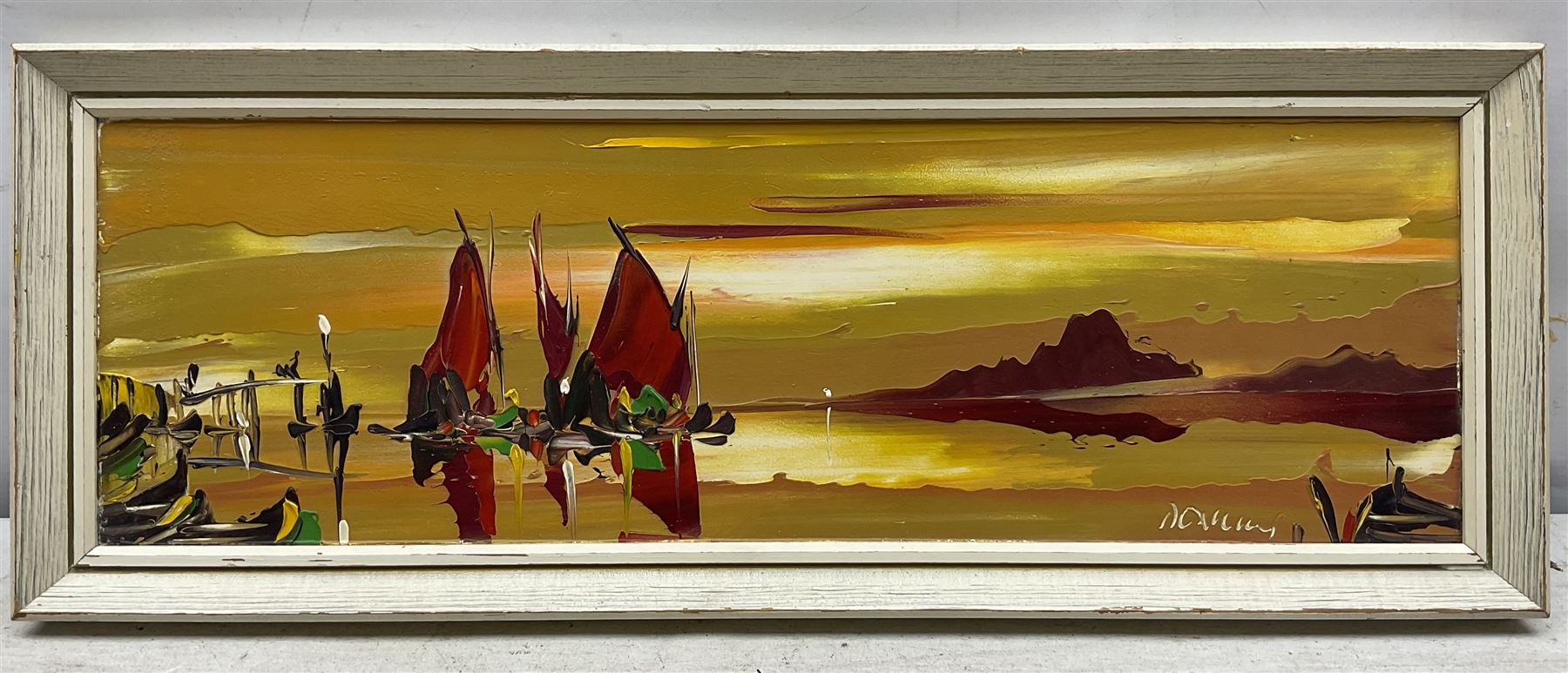 George Richard Deakins (British 1911-1982): Boats at Sunset, oil on board signed 14cm x 45cm 