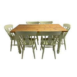 Traditional farmhouse pine dining table, rectangular top over laurel green painted frieze and turned supports, and set six matching kitchen chairs with pierced shaped splat back