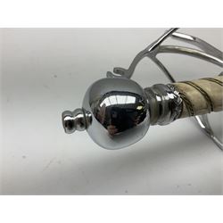 Replica knight's longsword, the 91.5cm double-edged steel blade with basket hilt and wire-bound bone grip with spherical pommel, in leather scabbard L112cm overall