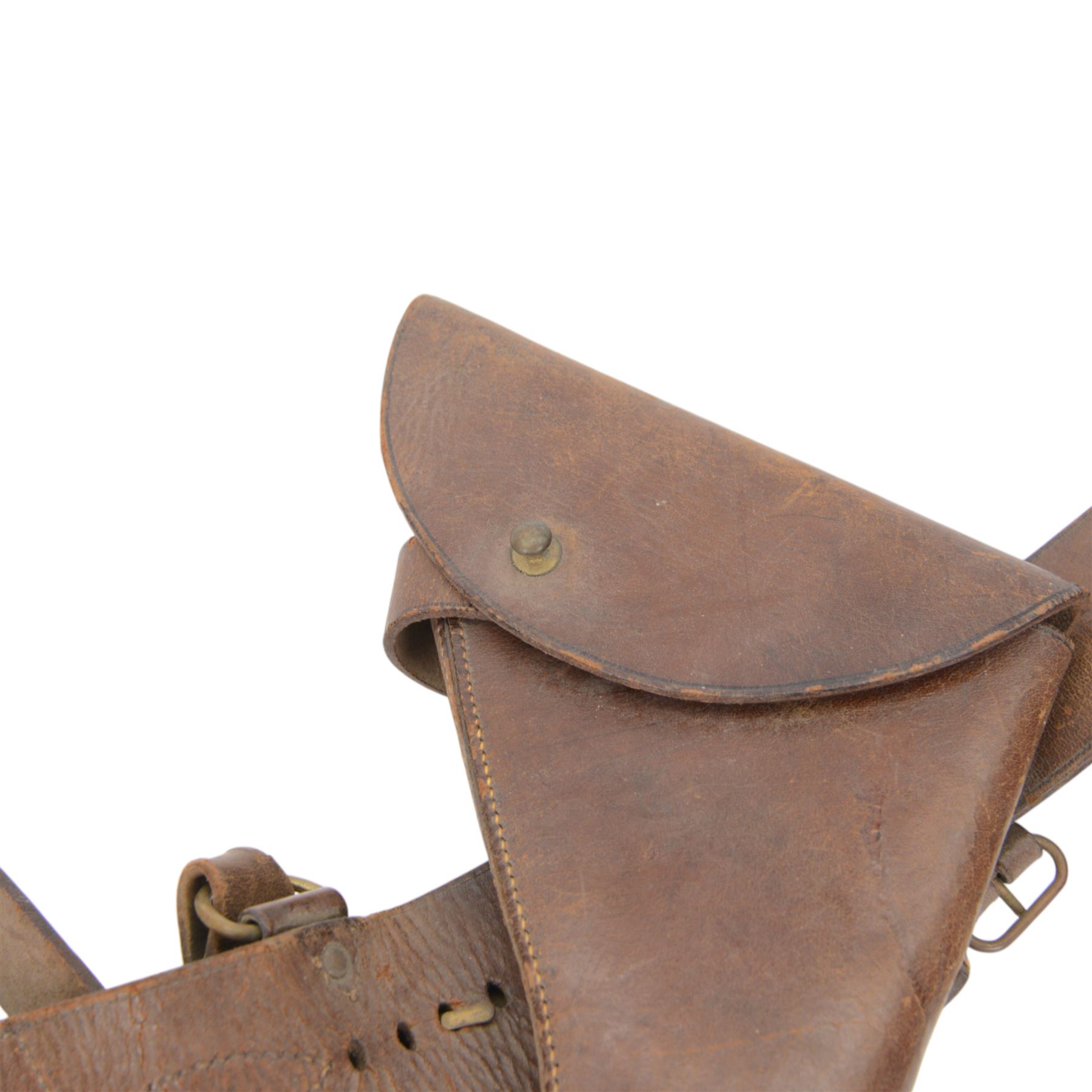 Bates service cap with hand written poem inside, together with Officer's Sam Browne brown leather belt, pistol holder and sword frog