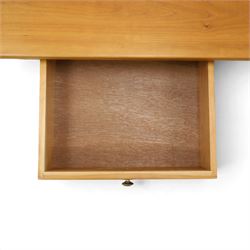 Traditional cherrywood sideboard, rectangular top above three fielded panelled drawers, three cupboard doors with triple panelled doors, brass knobs and hinges, tapered supports
