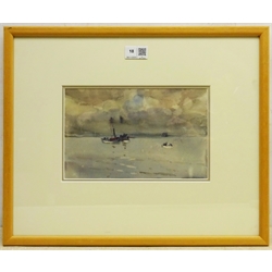  Joseph Richard Bagshawe (Staithes Group 1870-1909): Steam Trawler off the Coast, watercolour, authenticated by his granddaughter verso 15cm x 24cm  