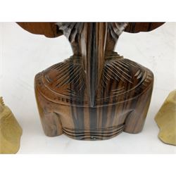 Hardwood bust of an Indoniesian Goddess, carved wearing a pierced headdress, from Klungkung, Bali, H20cm, together with a pair of bone carvings of deity figures, and a carved wood Netsuke in the form of a Chinese dragon