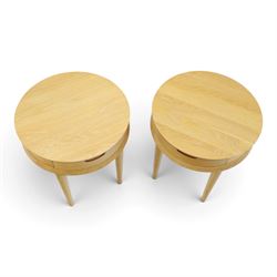 Bentley Designs - Pair of 'Dansk' light oak circular bedside or lamp tables, one drawer with recessed handle, tapering circular supports