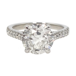  Platinum old cut diamond solitaire ring with diamond set shoulders, hallmarked, central diamond 2.10 carat, with W.G.I certificate  [image code: 2mc]  