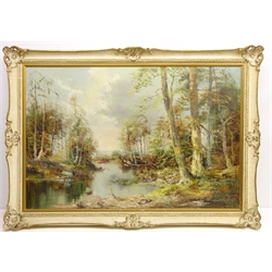  'Woodland River Scene', oil on canvas signed by Joseph Karlsbader (German 1921-) 60cm x 90cm  