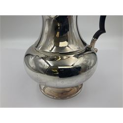 1920s five-piece silver tea service, comprising teapot, coffee pot, hot water pot, twin handled open sucrier and milk jug, each of squat circular form with shaped rim, the teapot, coffee pot and hot water pot each with ebonised handle and finial, the sucrier and milk jug with acanthus capped scroll handles, all upon circular foot, hallmarked R F Mosley & Co, Sheffield 1926 & 1927, tallest H24cm