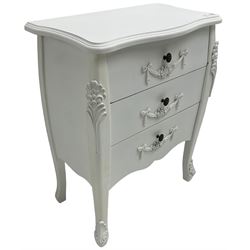 French design white painted chest, shaped top over three drawers, each with applied swags with flower heads, flanked by cabriole uprights with foliate mouldings