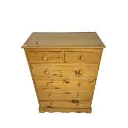 Traditional pine chest, fitted with two short over four long drawers, on plinth base