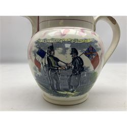 19th century Sunderland large pink lustre jug with the 'The New Bridge', verse and New Bridge panel and another example with Crimea War panel 'May They Ever be United', largest example H18cm