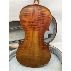 Mid-19th century German violin with 36cm two-piece maple back and ribs and spruce top, bears label 'Riccardo Antoniazzi Cremonese fece in Milano l'anno 1896' L59.5cm overall; in walnut case with two part bows