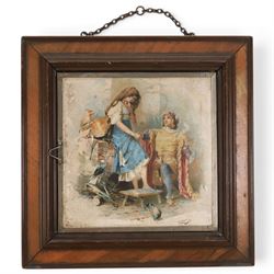 Late 19th century framed triple folding mirror, with two panels hand painted with courting...