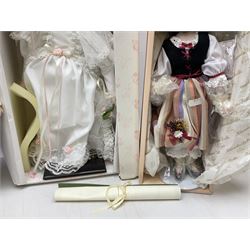 Seven dolls to include 'Heroines From The Fairytale Forest' Knowles Snow White, boxed, Regency Fine Arts Alice in Wonderland, boxed, Hanah Collectable Doll, boxed, etc