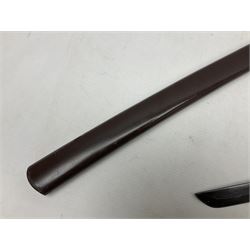 Reproduction Scottish officers basket hilt broad sword, the brass basket pierced with heart-shaped motifs lined with red lining, together with a reproduction Japanese Katana sword, longest L110cm