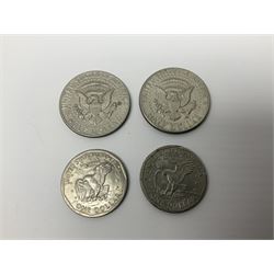 United States of America coinage, including 1876S half dollar (holed), various quarter dollars, 1986 one ounce fine silver dollar, 1988 uncirculated coin set etc