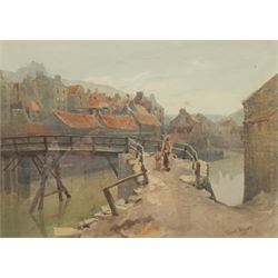 Russell Prichard (British 19th/20th century): Mother and Child Crossing Staithes Bridge, watercolour signed and dated 1893, 25cm x 35cm