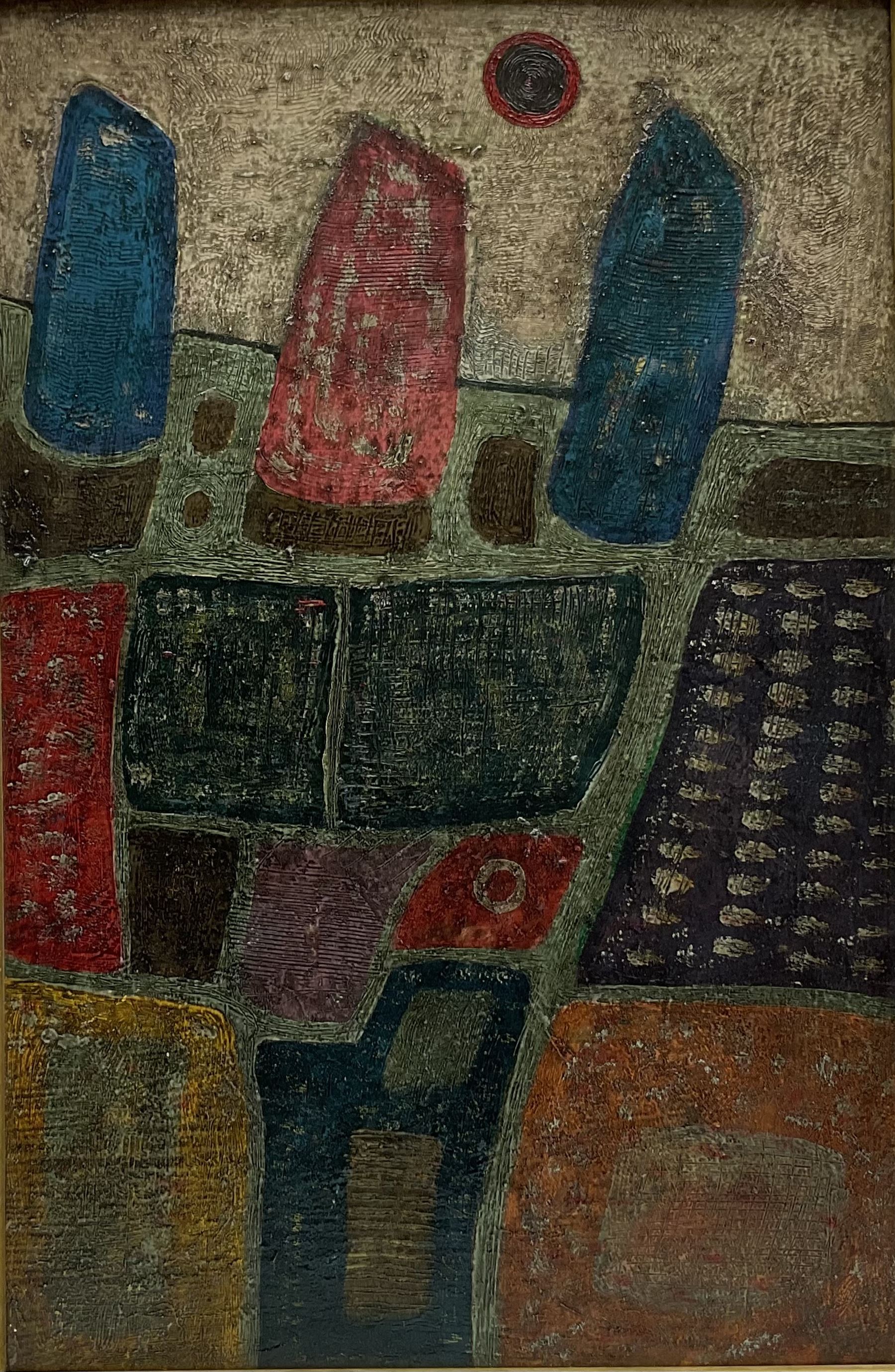 John Christopherson (British 1921-1996): 'Landscape with Black Sun', textured oil on board, inscribed titled and dated 23rd May 1962 with artist's address labels verso 45cm x 30cm