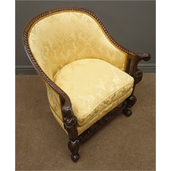  20th century walnut tub shaped armchair, shaped gadroon moulded back with acanthus carved scrolled arm terminals, matching supports, upholstered in gold Damask fabric with loose feather cushion, scroll carved middle rail, turned x-shaped stretchers, W68cm  
