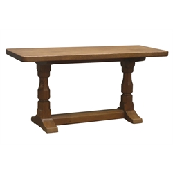  'Mouseman' oak rectangular coffee table with adzed top, carved with signature mouse, by Robert Thompson of Kilburn, 91cm x 38cm, H44cm: Provenance - Wedding gift to the vendor in 1970  