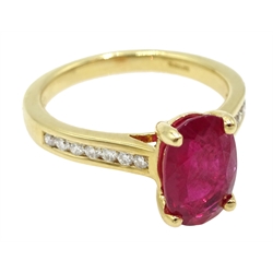  18ct oval ruby ring, with diamond set shoulders, hallmarked, ruby approx 2.40 carat  
[image code: 4mc]