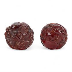 Two clear quartz figures of Buddha, together with five resin figures, including pair of zodiac balls, ram and Buddha, tallest H13cm