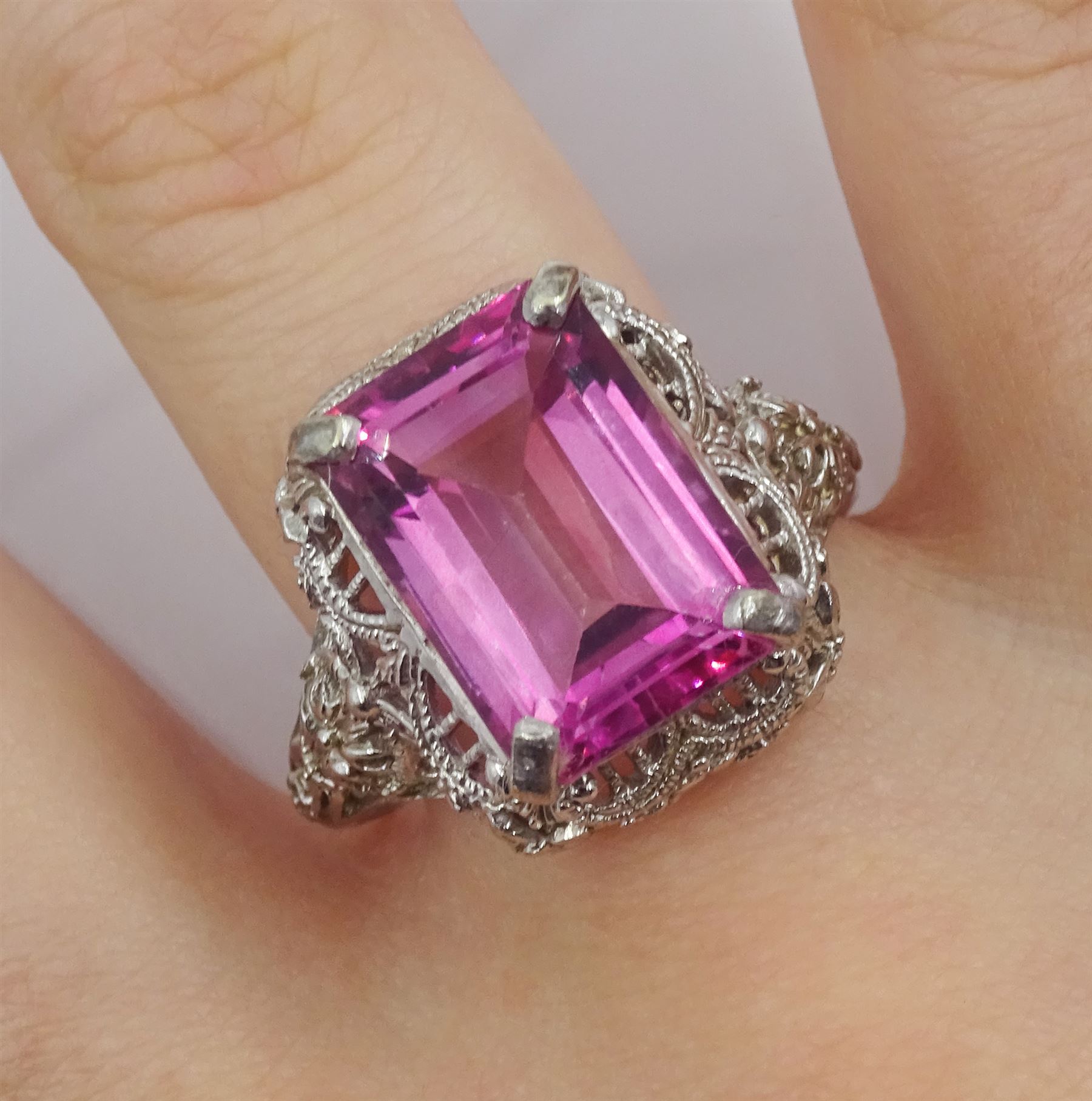 9ct white gold filigree set, emerald cut pink topaz dress ring, hallmarked