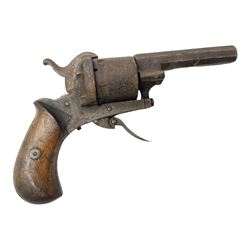 19th century 7mm five-shot pin-fire revolver, the cylinder marked 'The Savety (sic) American Revolver 1879', with folding trigger and two-piece walnut grip L18cm