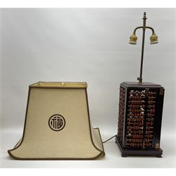 Vintage Chinese abacus table lamp, with double light fitting, and cream fabric shade decorated with characters, overall H73cm