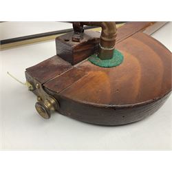 Fruitwood and elm single string phono fiddle with long neck and copper horn L76cm; and a violin bow (2)