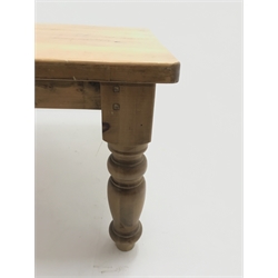  Large pine farmhouse table, turned supports, W183cm H81cm, D123cm  