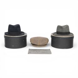 Two Attaboy tradesman or miniature trilbies, in black miniature hat boxes, one with a cert...
