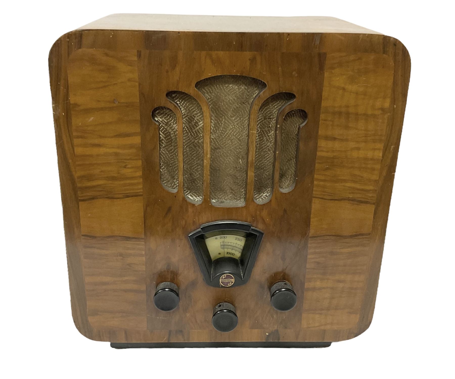 1930s Philips Type 836A Super Inductance radio, in Art Deco curved mahogany case with Bakelite knobs, H36cm W34cm D22cm