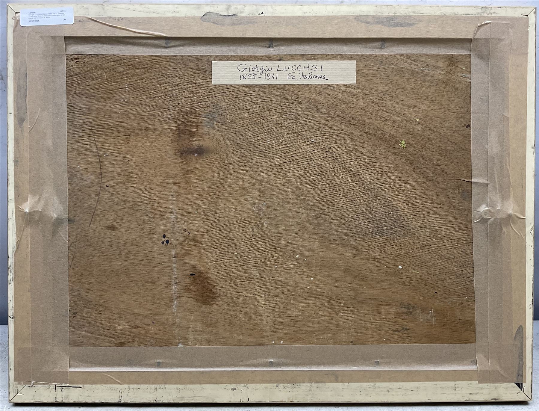 Giorgio Lucchesi (Italian 1855-1941): Figures Crossing a River in Wooded Landscape, oil on panel signed 32cm x  45cm