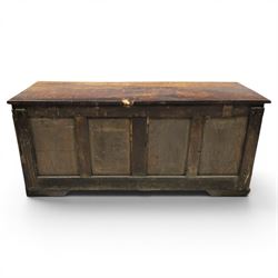 18th century oak coffer, rectangular top with moulded top, four fielded panel front, raised on a moulded plinth base