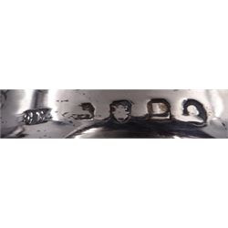 George III silver cream jug, of helmet form with angular handle, embossed with floral and scrolling decoration and engraved initial, hallmarked Edward Mayfield, London 1806, H9.3cm, together with a modern silver 'Sherry' decanter label, hallmarked Birmingham Mint, Birmingham 1986