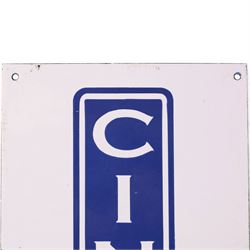 Art Deco style 'Cinema' reproduction enamel sign, blue on a white ground, H43cm